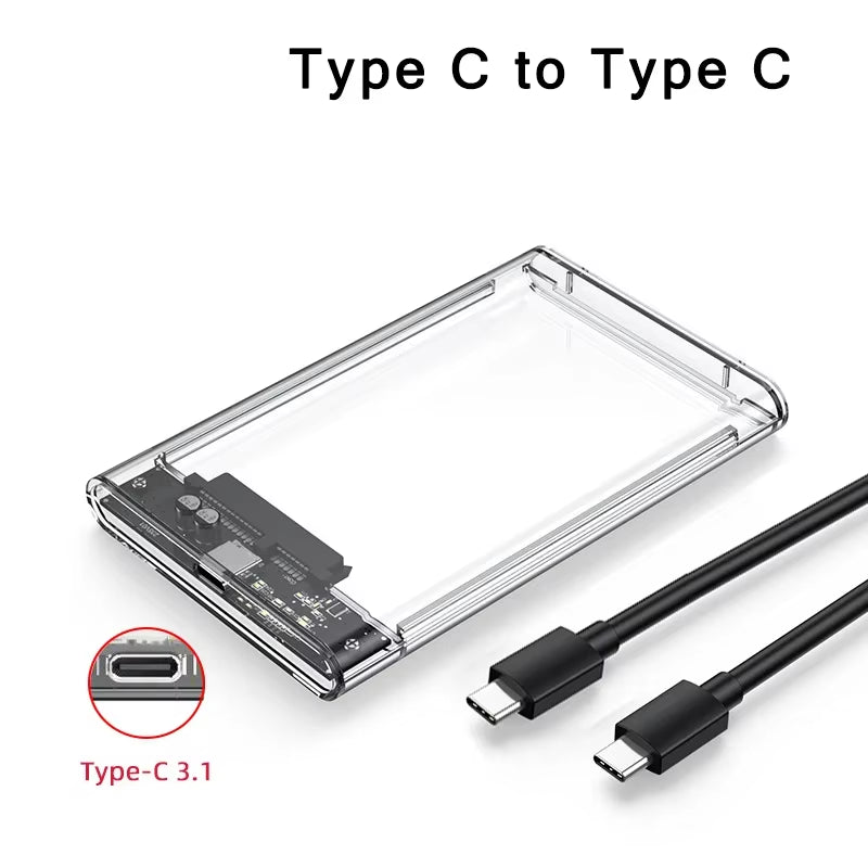 USB 3.0/Type C HDD Enclosure 2.5 Inch SATA SSD External Hard Drive Case with 5Gbps Transfer Speed Clear Harddisk Boxs Tool-Free