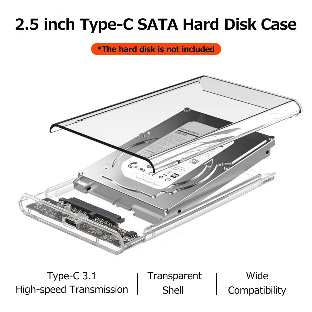 USB 3.0/Type C HDD Enclosure 2.5 Inch SATA SSD External Hard Drive Case with 5Gbps Transfer Speed Clear Harddisk Boxs Tool-Free