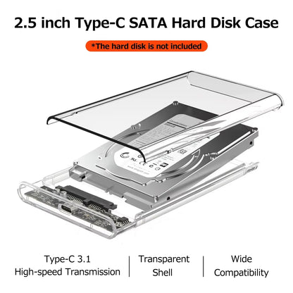 USB 3.0/Type C HDD Enclosure 2.5 Inch SATA SSD External Hard Drive Case with 5Gbps Transfer Speed Clear Harddisk Boxs Tool-Free