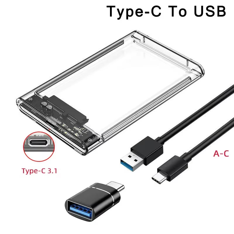USB 3.0/Type C HDD Enclosure 2.5 Inch SATA SSD External Hard Drive Case with 5Gbps Transfer Speed Clear Harddisk Boxs Tool-Free