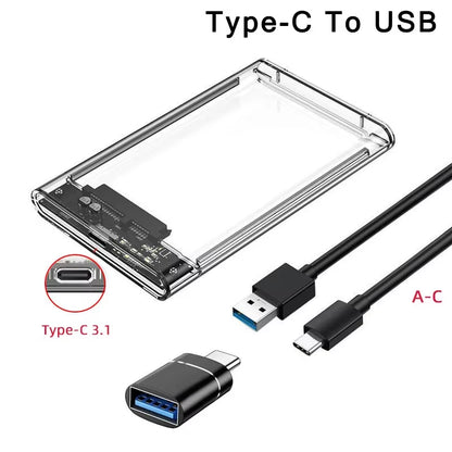 USB 3.0/Type C HDD Enclosure 2.5 Inch SATA SSD External Hard Drive Case with 5Gbps Transfer Speed Clear Harddisk Boxs Tool-Free